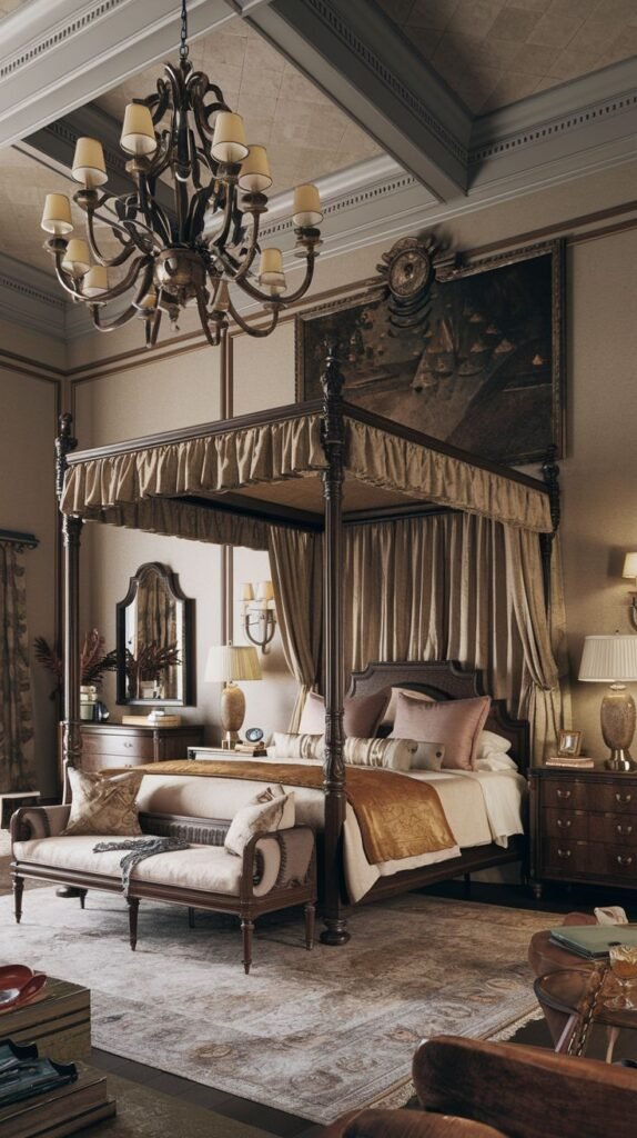 A majestic king bedroom featuring a dark wood four-poster bed with light-colored drapes, complemented by a large ornate chandelier and a bench at the foot of the bed. The room has high ceilings with detailed trim and a large piece of artwork above the bed.