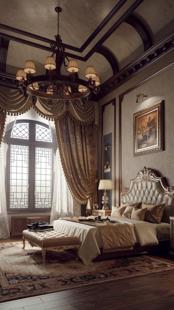 A majestic king bedroom with a tufted, light-colored upholstered headboard on a dark bed frame. The room is adorned with rich, draped curtains on a large, intricately gridded window, a large chandelier, and a plush bench at the foot of the bed, exuding opulence.