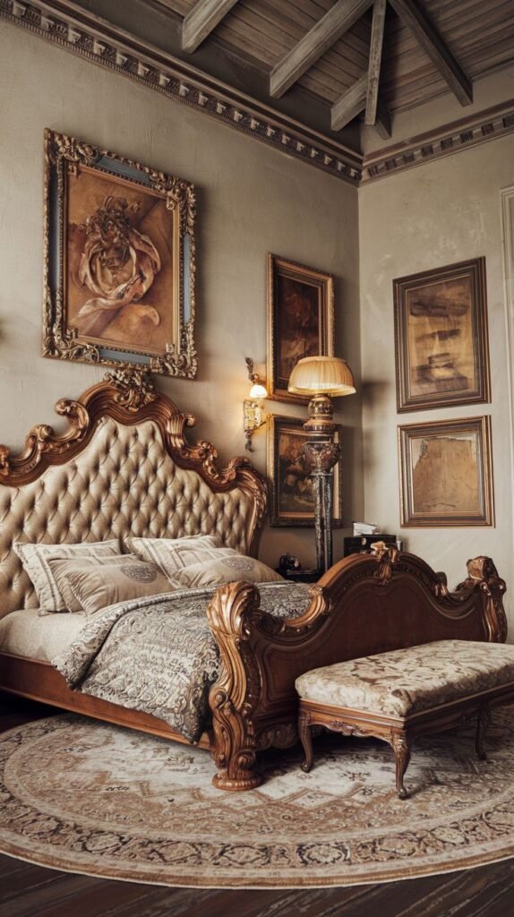 A majestic king bedroom featuring a highly ornate, carved wooden bed frame with a tufted headboard. The room includes a round patterned rug, multiple framed artworks on the wall, and a luxurious overall aesthetic.