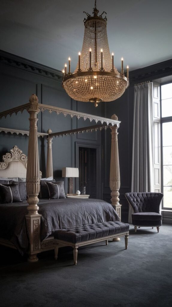 A dark and majestic king bedroom with a light-colored four-poster bed and a dark upholstered headboard. A grand crystal chandelier hangs prominently, illuminating the dark walls and carpet, alongside tall grey curtains.