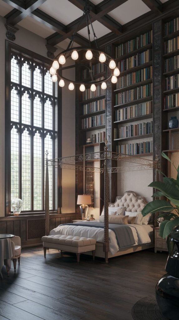 A majestic king bedroom set within a room resembling a library, featuring tall built-in bookshelves along one wall and a large multi-paned window. A light-colored four-poster bed with a tufted headboard and a matching bench create a sophisticated yet cozy retreat.