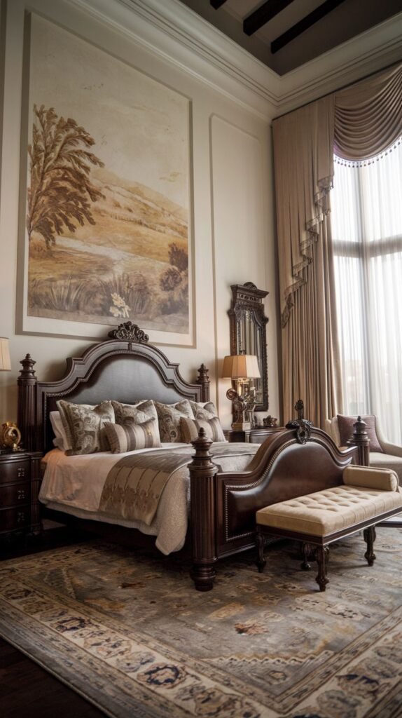 A majestic king bedroom with a dark, carved wooden bed frame and a dark upholstered headboard. A large landscape mural covers one wall, and tall, elegant drapes frame a large window, contributing to a sense of grandeur.