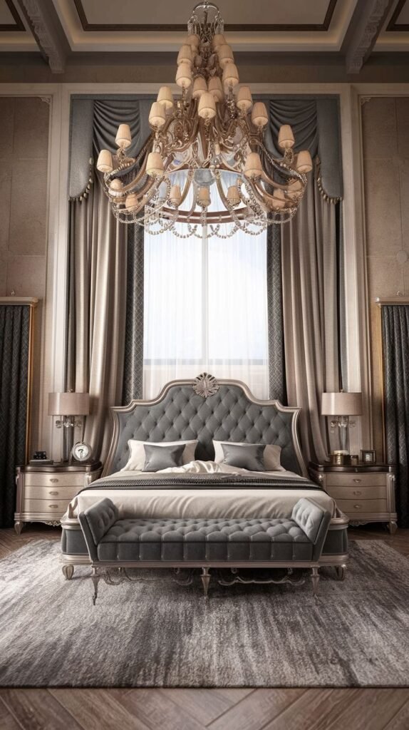 Elegant king bedroom with a tufted gray headboard, matching upholstered bench, grand chandelier, tall draped curtains, and symmetrical nightstands with lamps, creating a luxurious and sophisticated interior.