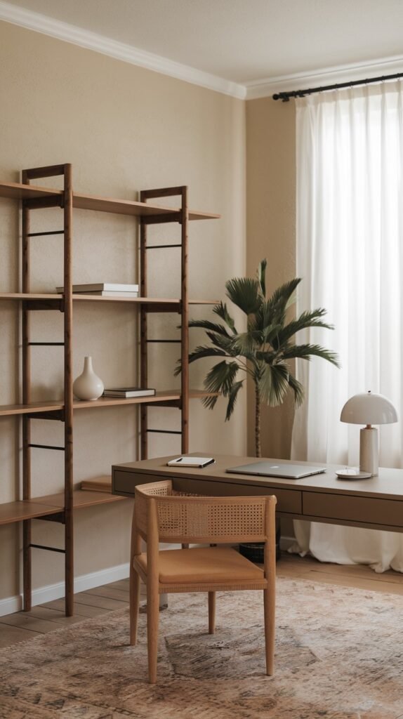 A minimalist home office space with a large wooden shelving unit filled with books and simple home decor items. A light-colored desk with a laptop and a lamp is paired with a wooden chair. A potted plant adds a natural element to the simple decor.