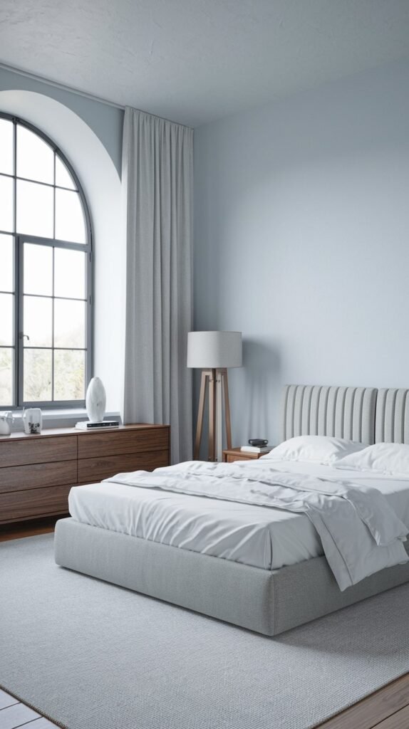 A minimalist bedroom with a large bed featuring a ribbed headboard, light grey bedding, and a light grey rug. A wooden dresser and a floor lamp are also present. A large arched window is a prominent feature, contributing to the simple home decor.