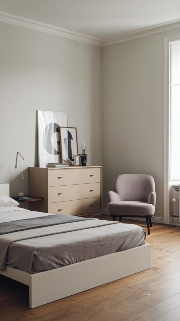 A simple and minimalist bedroom with a bed featuring light grey bedding, a light-colored dresser, and a small armchair. Framed artwork is displayed on the dresser and wall, adding to the home decor.