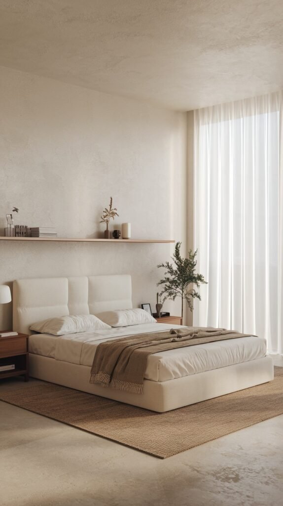 A minimalist bedroom with a beige upholstered bed and a natural fiber rug. Floating shelves on the wall display simple home decor items. A large window with sheer white curtains allows ample light, creating a simple and serene space.