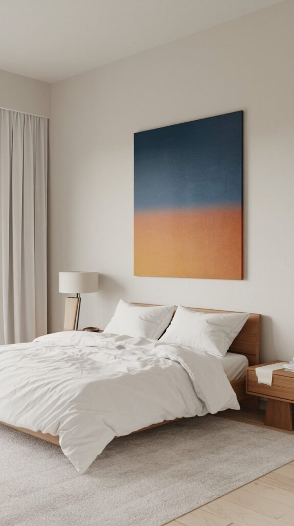 A minimalist bedroom with a wooden bed frame, white bedding, and a light grey rug. A large abstract painting with blue and orange gradients hangs above the bed. A floor lamp and a wooden nightstand are also visible, completing the simple home decor.