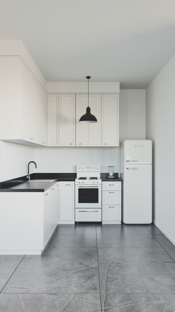 A minimalist kitchen with white cabinets, black countertops, and grey tiled flooring. It features white appliances, including a range and a retro-style refrigerator. The overhead lighting is simple, aligning with the home decor.