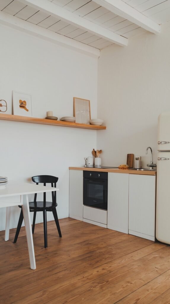A simple and minimalist kitchen with white base cabinets, a wooden countertop, and open shelving with dishes. A white table and a black chair are in the foreground. A retro-style refrigerator and a large plant are part of the home decor.