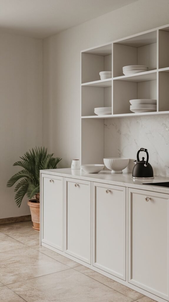 A minimalist kitchen area with white cabinets, open shelving displaying white dishes, and a light-colored countertop. A black kettle and a potted plant are visible, adding to the simple home decor.