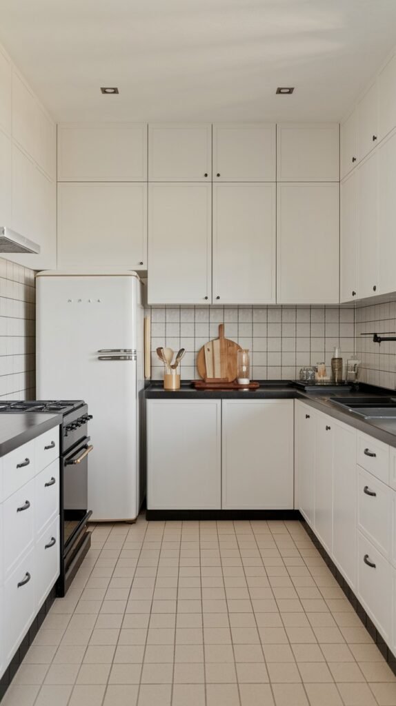 A minimalist kitchen featuring white cabinets, black countertops, and white subway tile backsplash. White appliances, including a retro-style refrigerator and a range, are present. Wooden cutting boards on the counter add a simple touch to the home decor.