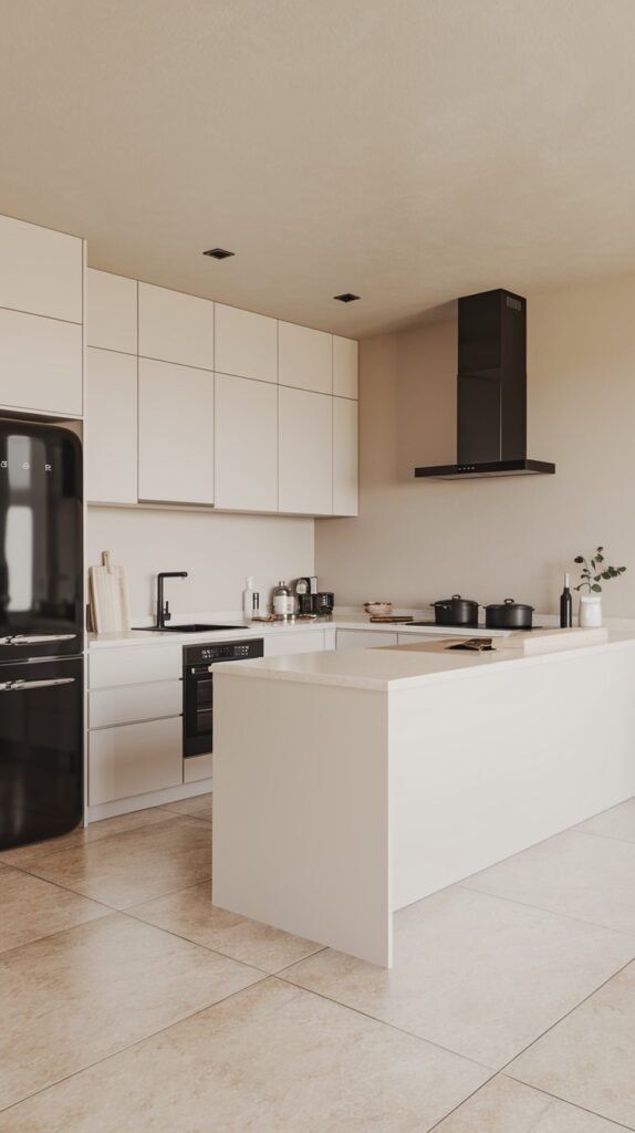 A spacious minimalist kitchen with white cabinets, a large white kitchen island, and a black range hood. A black retro-style refrigerator is prominent. The design is simple and modern, with minimal home decor.