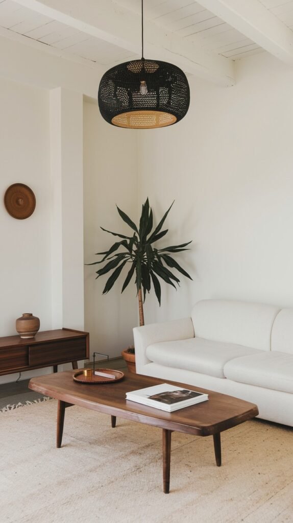 A minimalist living room with a white sofa, a wooden coffee table, and a large potted plant. A dark, woven pendant light hangs from the ceiling. A wooden side cabinet with simple home decor items is also visible, contributing to the uncluttered space.