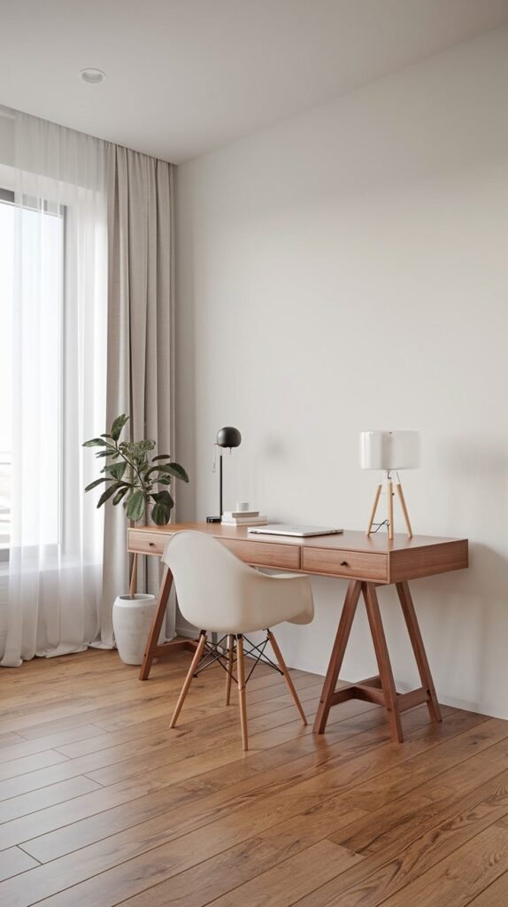 A simple and minimalist home office or study area with a wooden desk, a white chair, and two lamps. A large window with white curtains provides natural light. A small potted plant is also part of the home decor.