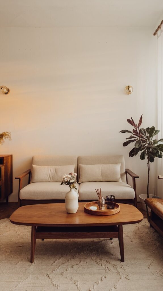 A simple and minimalist living room with a beige sofa, a wooden coffee table with a vase of flowers and a tray. A tall potted plant stands near the wall, enhancing the home decor of the space.