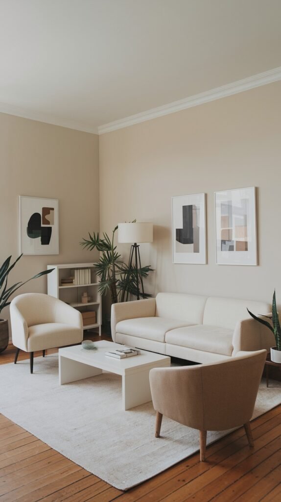 A minimalist living room with a white sofa, two beige armchairs, and a white coffee table. Multiple potted plants and framed abstract artwork adorn the space, creating a simple and inviting home decor theme.