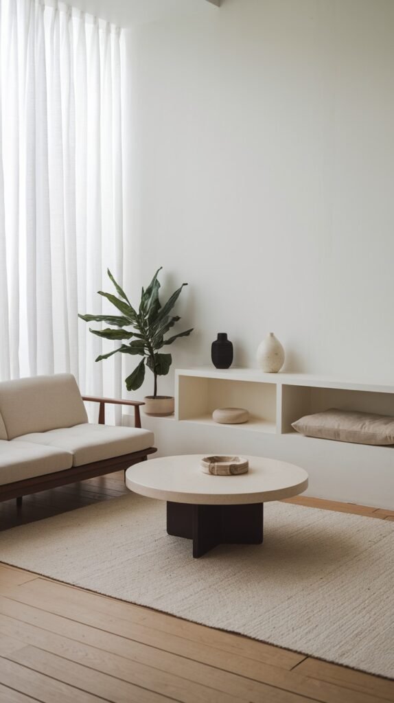 A minimalist living room with a beige sofa and a round light-colored coffee table. A built-in wall unit features open shelves with simple home decor items. A tall potted plant and sheer white curtains contribute to the serene environment.