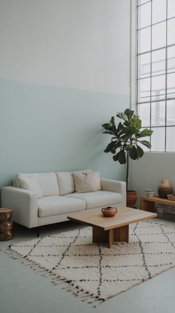 A minimalist living room with a white sofa, a wooden coffee table, and a tall potted fiddle leaf fig plant. The wall features a two-tone paint scheme of light blue and white. A large industrial-style window adds to the simple home decor.