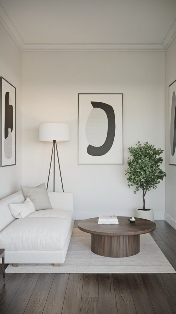 A minimalist living room featuring a white sofa, a round wooden coffee table, and a tall floor lamp. Three framed abstract artworks adorn the white walls, complemented by a small potted tree, creating a simple and art-focused home decor.