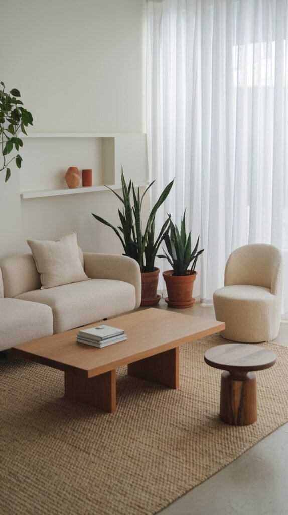 A simple and minimalist living room with a beige sofa, a light wooden coffee table, and a smaller round wooden side table. Multiple tall potted plants are placed on the floor, enhancing the home decor.