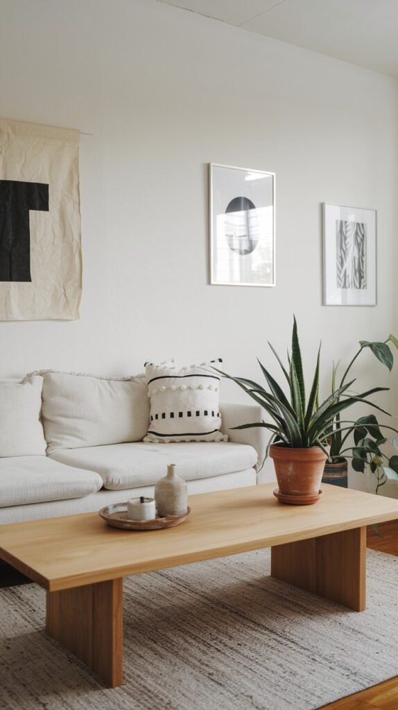 A minimalist living room with a white sofa and a light wooden coffee table. Framed artworks and a fabric wall hanging decorate the white wall. A large potted plant adds a touch of nature to the simple home decor.