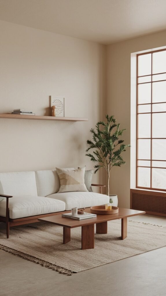 A minimalist living room featuring a white sofa, a wooden coffee table, and a floating shelf with simple home decor items. A tall plant adds a touch of nature, complementing the light wall colors and large window.