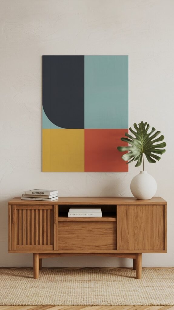A simple and minimalist living area with a large abstract painting featuring dark blue, light blue, yellow, and red geometric shapes on a light wall above a wooden media console. A plant in a white vase adds to the home decor.