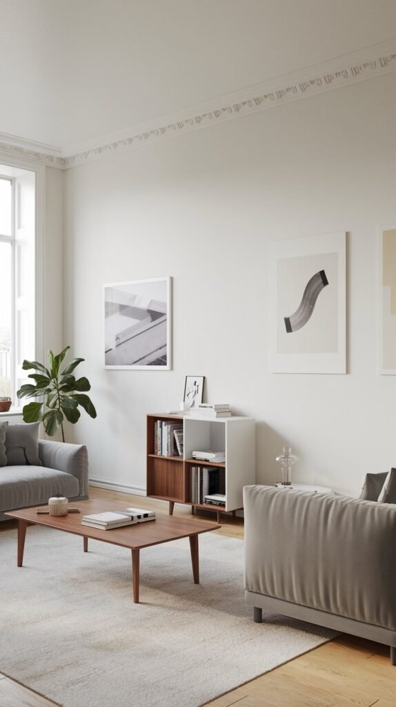 A minimalist living room with two grey sofas and a wooden coffee table on a light rug. The home decor includes framed artwork on the wall and a small bookshelf, emphasizing a simple and uncluttered design.