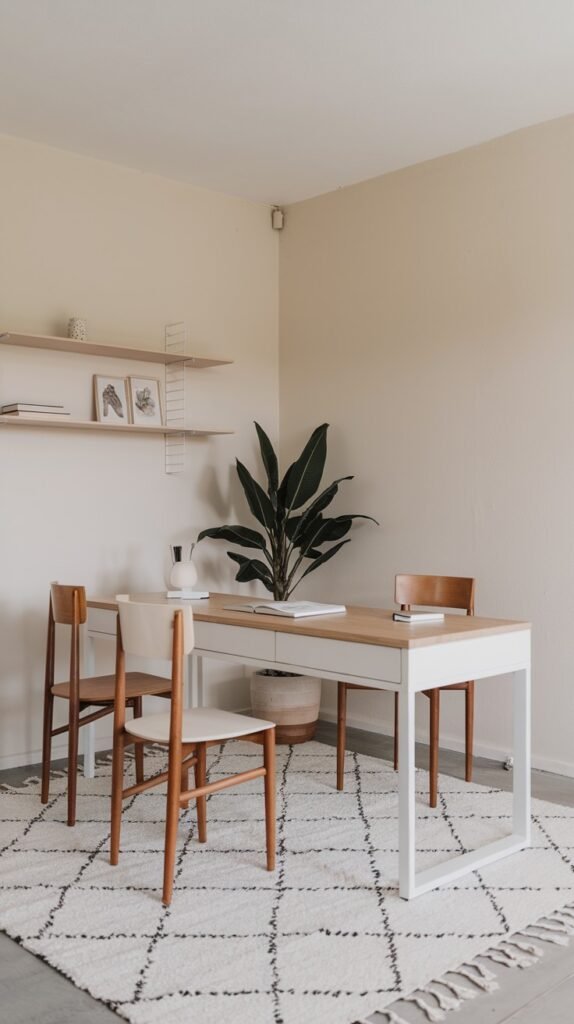 A minimalist and simple home office setup with a large white and wood desk, two chairs, and wall-mounted shelves with framed pictures. A large potted plant is placed near the corner. A white rug with a black geometric pattern enhances the home decor.