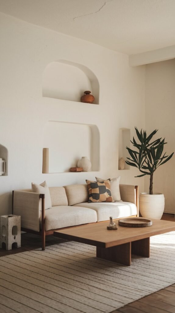 A minimalist living room with a beige sofa, a wooden coffee table, and an accent cushion. The wall features built-in arched niches displaying simple home decor items. A tall potted plant also contributes to the serene atmosphere.