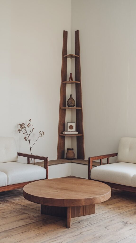A minimalist seating area featuring two white armchairs facing a round wooden coffee table. A tall, thin wooden corner shelf with simple home decor items is visible in the background. The overall aesthetic is clean and simple.