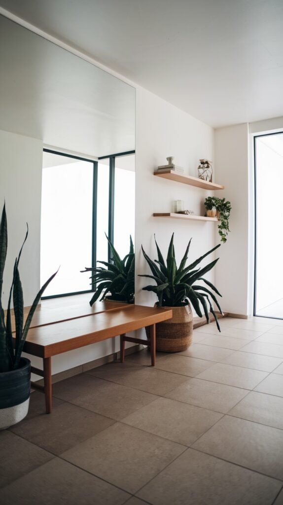 A minimalist entryway featuring a large mirror and two floating wooden shelves adorned with simple home decor items and small plants. Several large potted plants are arranged on the tiled floor, creating a simple and clean aesthetic.