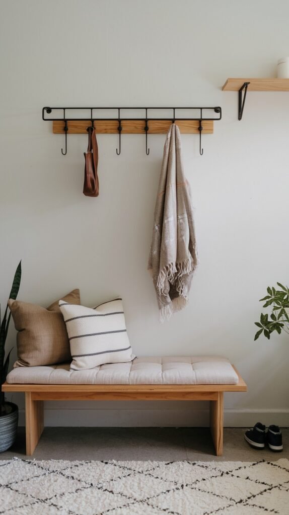 A simple and minimalist entryway featuring a wooden bench with upholstered cushions and accent pillows. A wall-mounted coat rack with hooks holds a bag and a blanket. Shoes are neatly placed on a patterned rug, completing the home decor.