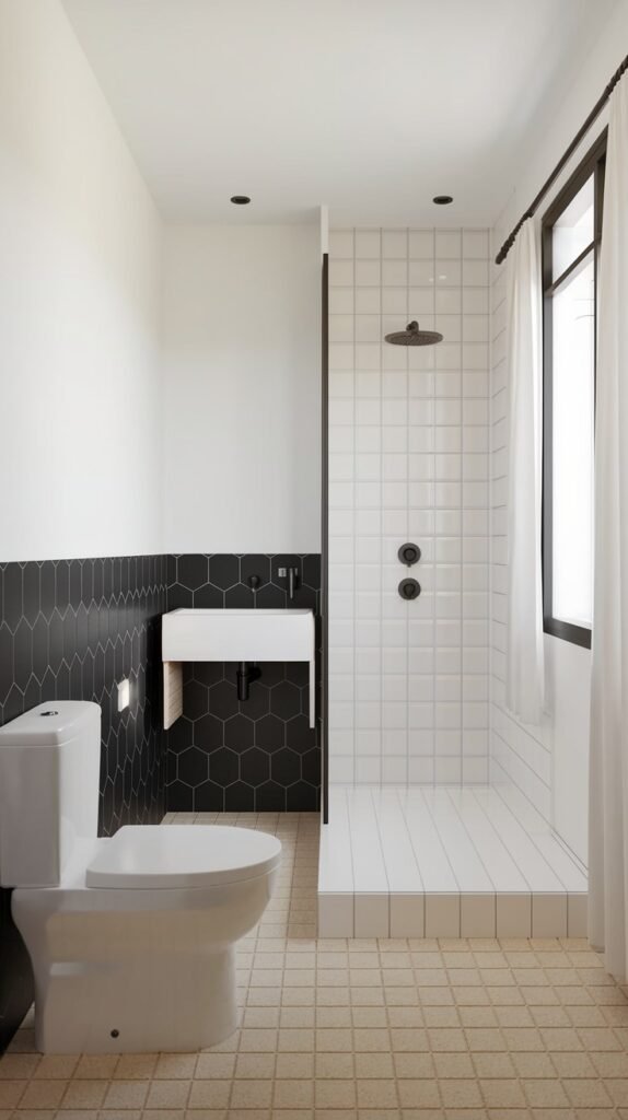 A minimalist bathroom with white subway tiles in the shower area and black hexagonal tiles on the lower wall. It features a white toilet, a wall-mounted sink, and black fixtures, demonstrating a simple and modern design for home decor.