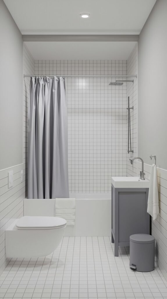 A simple and minimalist bathroom with white subway tiles and a light grey shower curtain over a bathtub. It includes a white toilet and a grey vanity with a sink, embodying simple home decor.