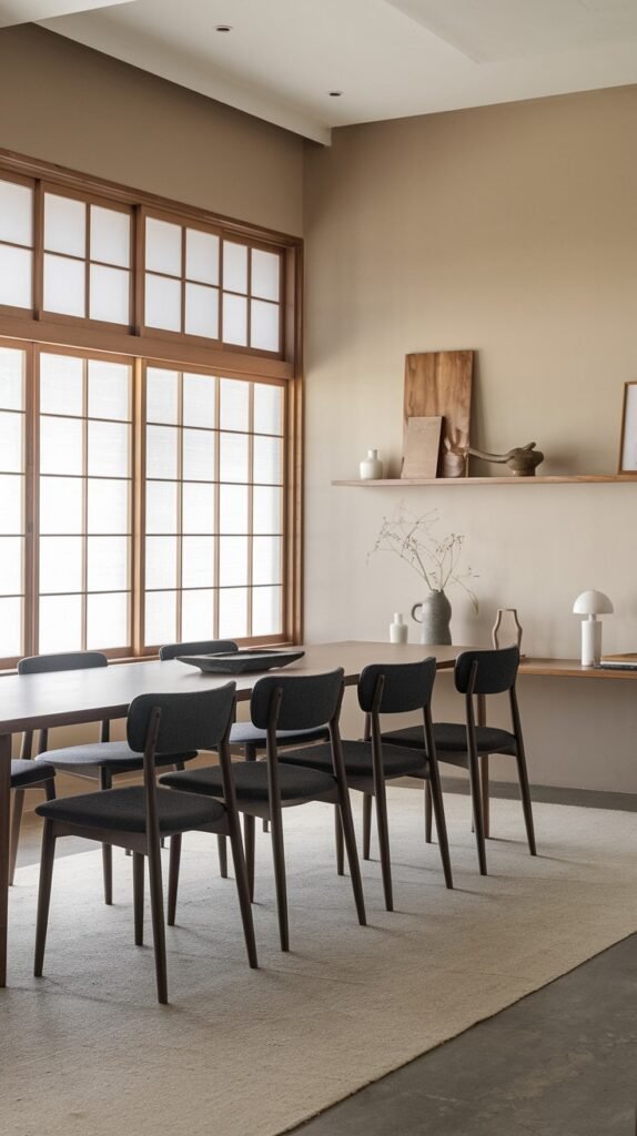 A serene Japandi dining room with a minimalist aesthetic, showcasing a light wood dining table, dark chairs, warm beige walls, and large windows with wooden screens.