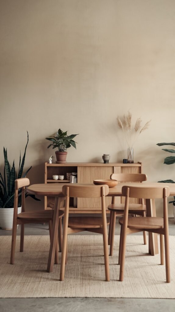 A bright minimalist Japandi dining room featuring an oval light wood table, matching chairs, a wooden credenza, and several potted plants, set on a natural fiber rug.