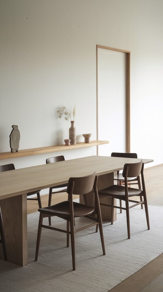 A spacious Japandi dining room with a minimalist design, featuring a light wood table, dark chairs, a long wall shelf, and a light rug.