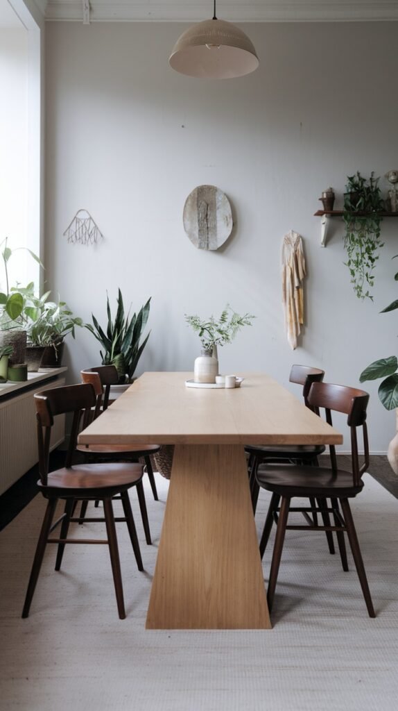 A serene minimalist Japandi dining room featuring a light wood pedestal table, dark wood chairs, and an array of potted plants by a window, with a textured rug underfoot.