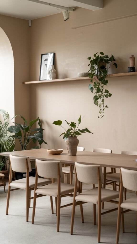 A welcoming Japandi dining room with a minimalist design, featuring a light wood table, upholstered chairs, a long wall shelf with plants, and a distinctive arched doorway.