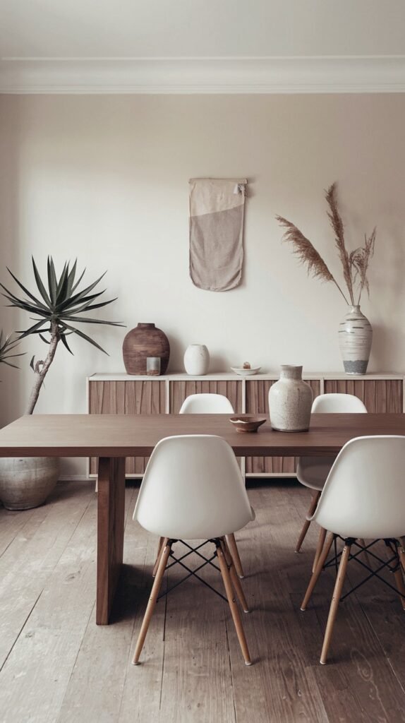 A minimalist Japandi dining room with a dark wood table, white chairs, and a fluted wooden credenza, accented by a tall potted plant and dried floral arrangements.