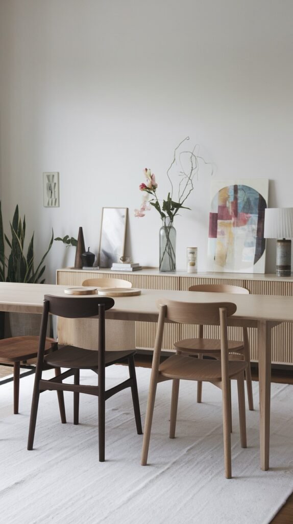 A bright Japandi dining room with a minimalist aesthetic, combining light and dark wood chairs around a light wood table, with a fluted credenza and a colorful abstract artwork.