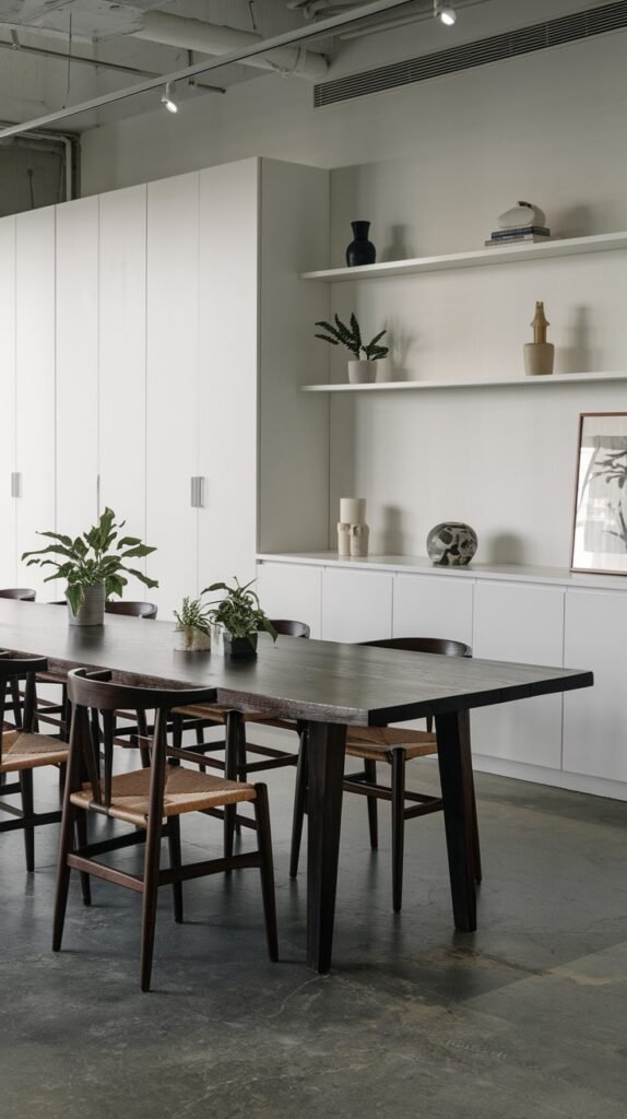 A modern minimalist Japandi dining room with a dark wood table and woven chairs, sleek white built-in cabinetry and shelves, set on a concrete floor.