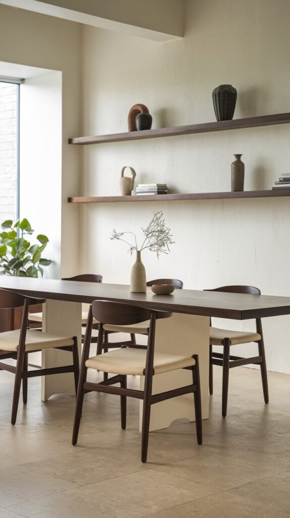 A refined Japandi dining room with a minimalist interior, featuring a two-toned dining table, dark wood chairs with light seats, and floating shelves with decorative elements.