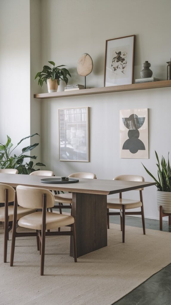 A spacious minimalist Japandi dining room with a light wood table, light upholstered chairs, and a long shelf adorned with art and plants, complemented by contemporary wall art.