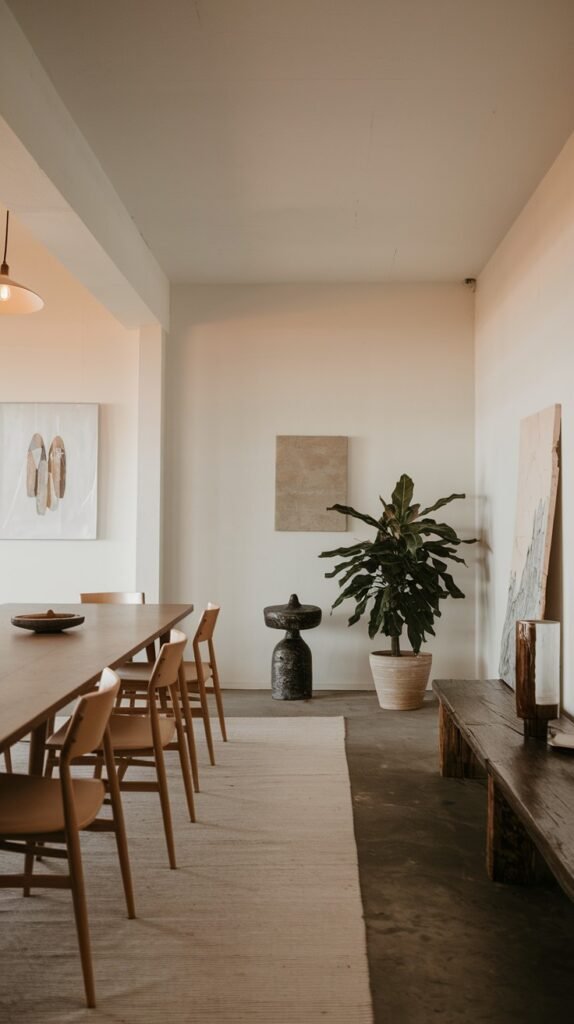 A long and serene minimalist Japandi dining room featuring a light wood table, matching chairs, a large potted plant, and a wooden bench, creating a harmonious space.