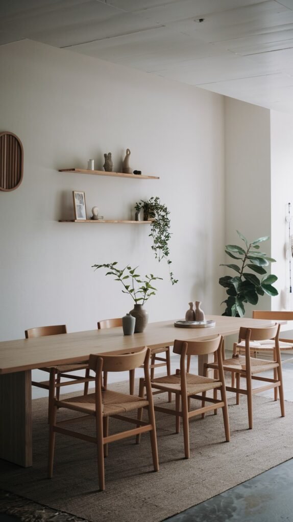 A bright minimalist Japandi dining room with a light wood table, natural wood chairs, and a white wall adorned with floating shelves and lush green plants.