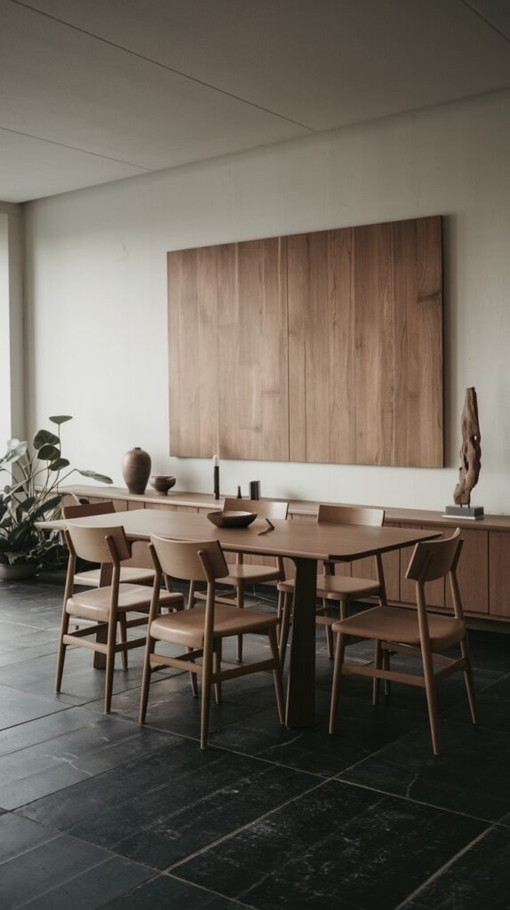 A sophisticated Japandi dining room with a minimalist design, featuring a substantial wooden table, light wood chairs, a credenza, and a large wooden art panel on the wall.