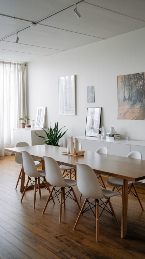 A bright minimalist Japandi dining room with a light wood table, white chairs, and a white credenza, adorned with framed art and a large potted plant, set on a light wood floor.